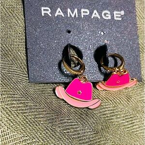 Cowgirl Hat Earrings new with tags gold and pink tones lever hoop & charm dangle